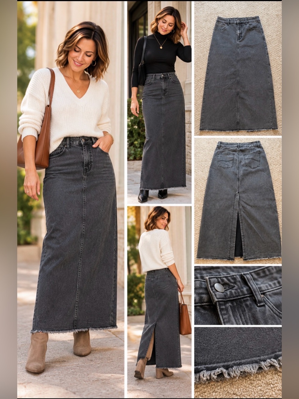 Classic Black Denim Maxi Skirt